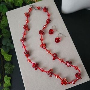 Red Glass Bead Necklace with Earrings Set